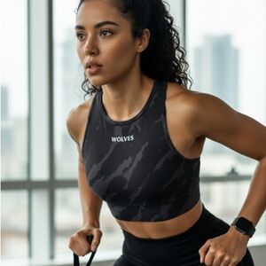 DARC SPORTS  Wolves SHE High Neck Camo Sports Bra Size Small Gray Black